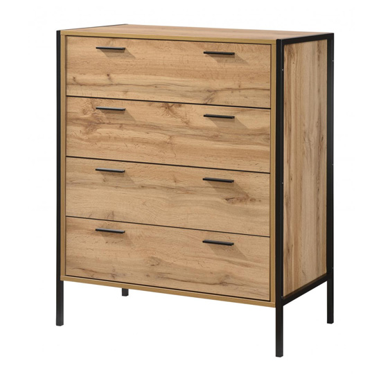 Malila Wooden Chest Of 4 Drawers With Black Metal Frame In Oak