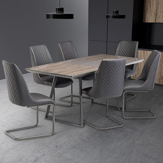 Photo of Michton extending grey glass dining table 6 revila grey chairs