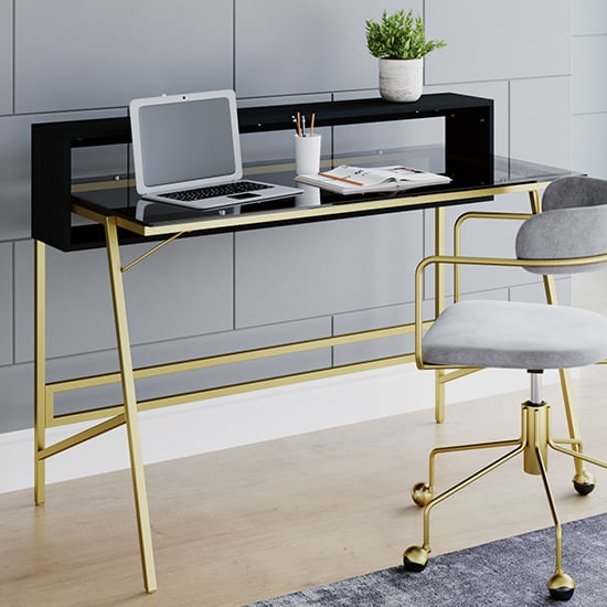 Photo of Mickley smoked glass top computer desk with gold frame