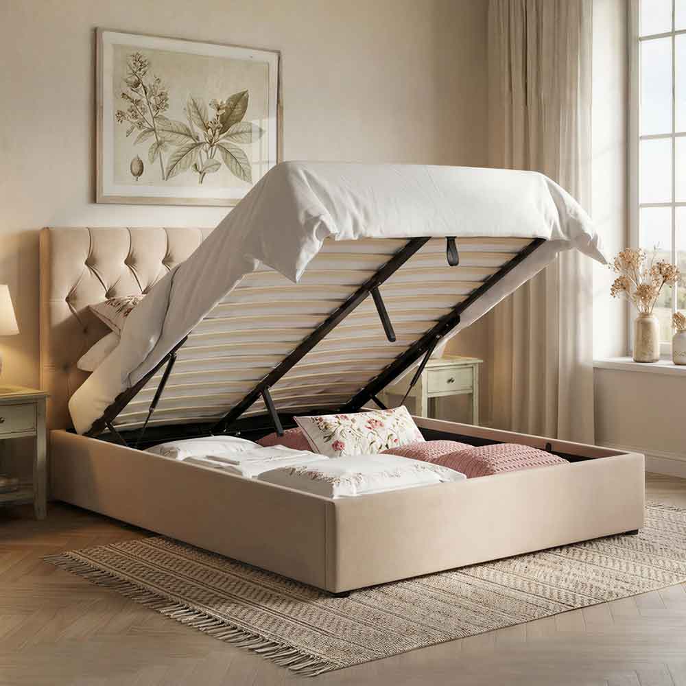 Middleton Fabric Ottoman Storage King Size Bed In Stone
