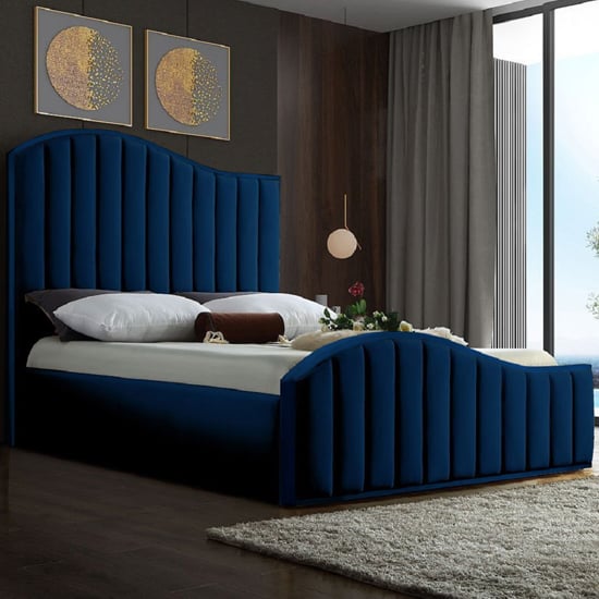 Photo of Midland plush velvet upholstered double bed in blue