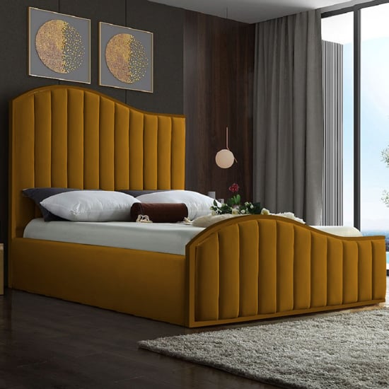 Midland Plush Velvet Upholstered Double Bed In Mustard