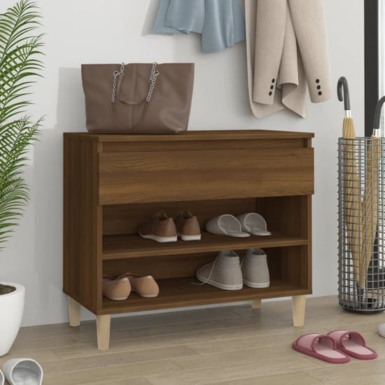 Photo of Midland wooden hallway shoe storage rack in brown oak