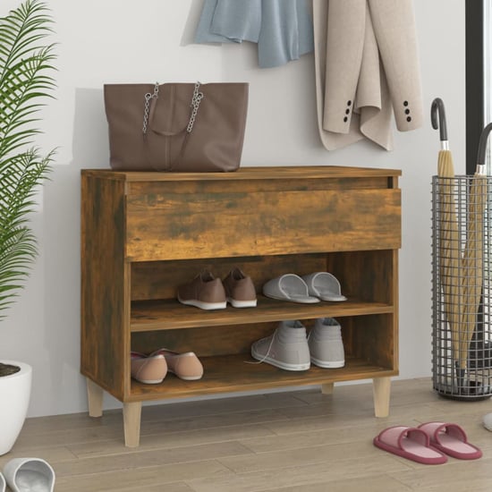 Product photograph of Midland Wooden Hallway Shoe Storage Rack In Smoked Oak from Furniture in Fashion