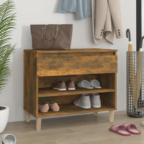 Photo of Midland wooden hallway shoe storage rack in smoked oak