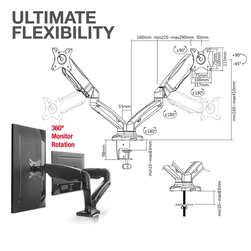 Midvale Double Arm Swivel Gas Spring Desk Mount Monitor Stand - Black
