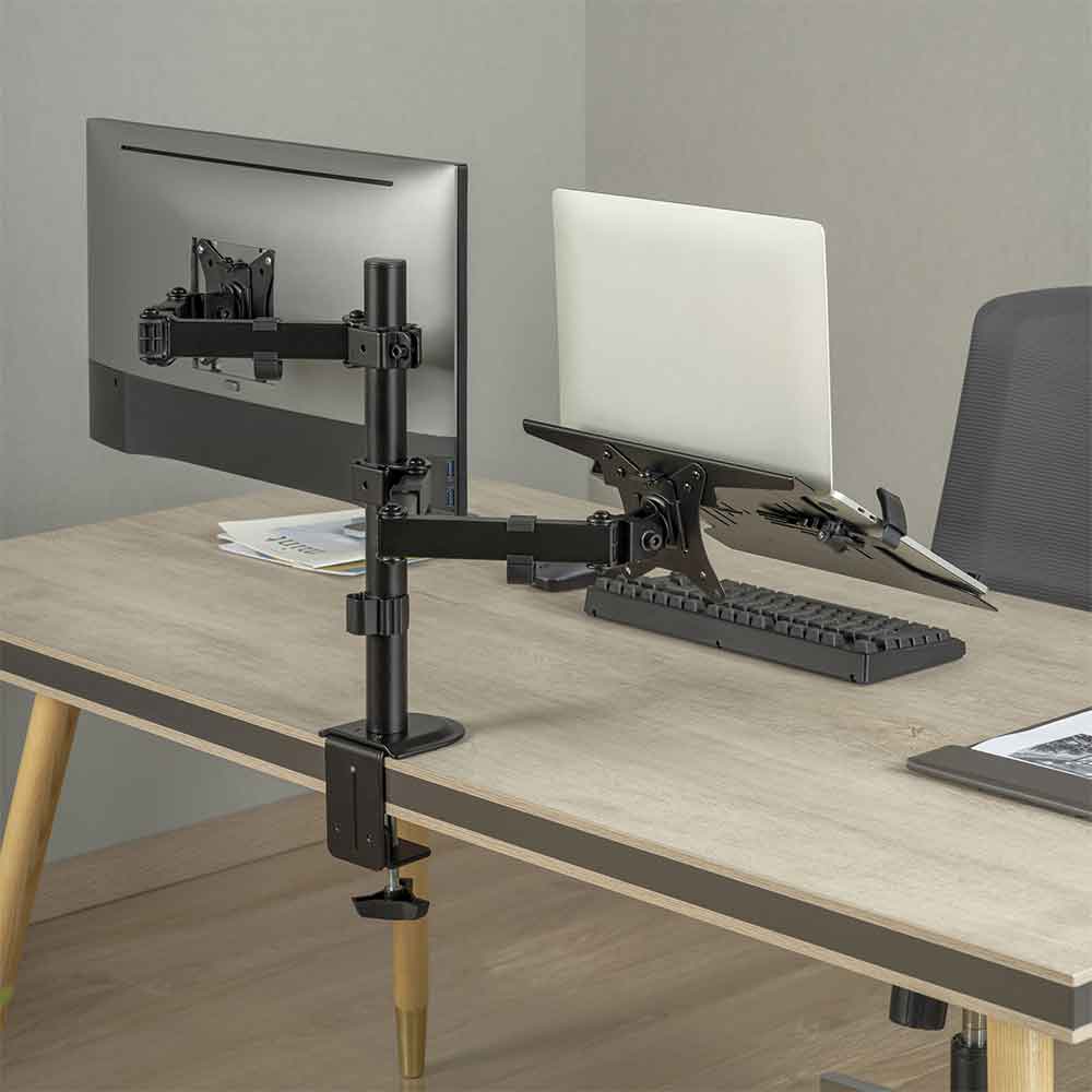 Midvale Single Arm Steel Desk Mount Monitor Stand with Laptop Tray - Black