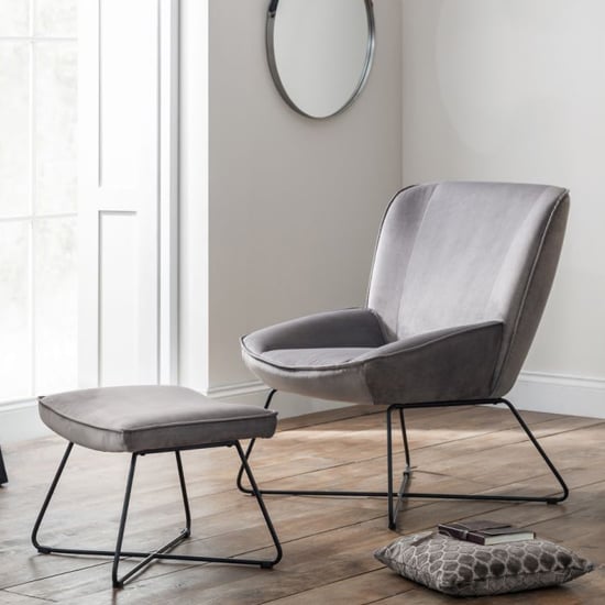 Product photograph of Magali Velvet Bedroom Chair With Stool In Grey from Furniture in Fashion