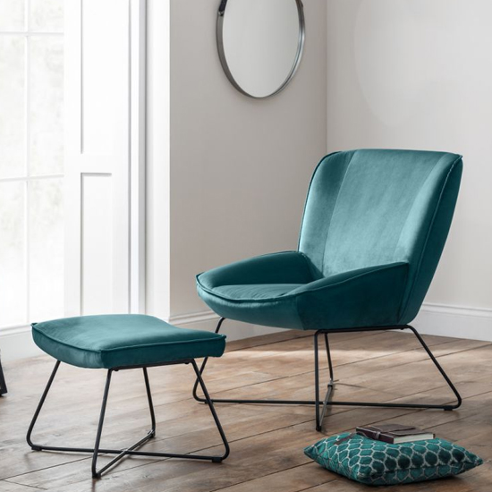 Product photograph of Magali Velvet Bedroom Chair With Stool In Teal from Furniture in Fashion