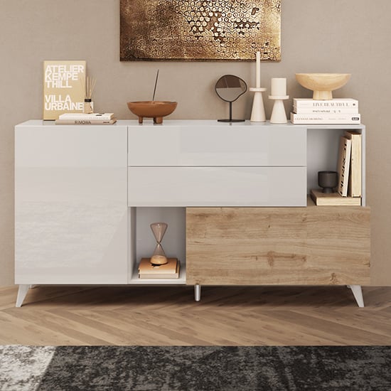 Product photograph of Milan High Gloss Sideboard 2 Doors 2 Drawers In White Cadiz Oak from Furniture in Fashion