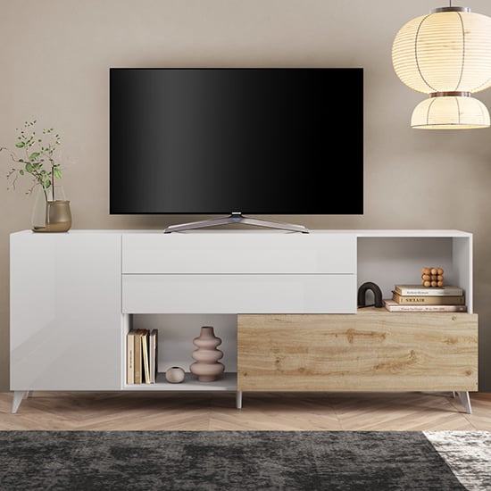 Product photograph of Milan High Gloss Tv Sideboard 2 Doors 2 Drawers In White Cadiz Oak from Furniture in Fashion
