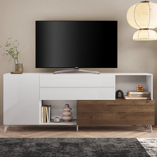 Product photograph of Milan High Gloss Tv Sideboard 2 Doors 2 Drawers In White Walnut from Furniture in Fashion