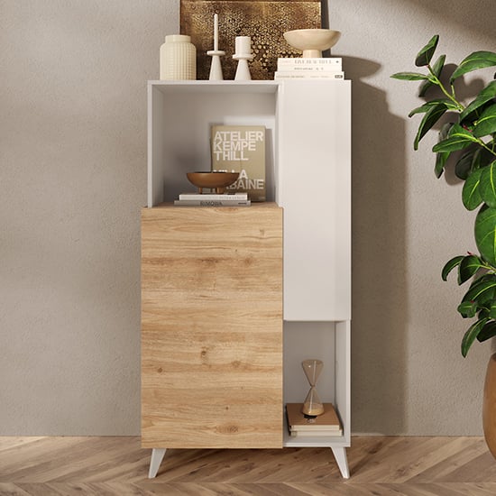Product photograph of Milan High Gloss Highboard With 2 Doors In White And Cadiz Oak from Furniture in Fashion