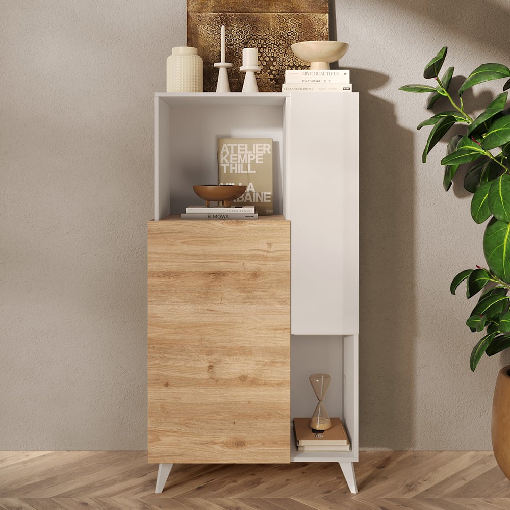Read more about Milan high gloss highboard with 2 doors in white and cadiz oak