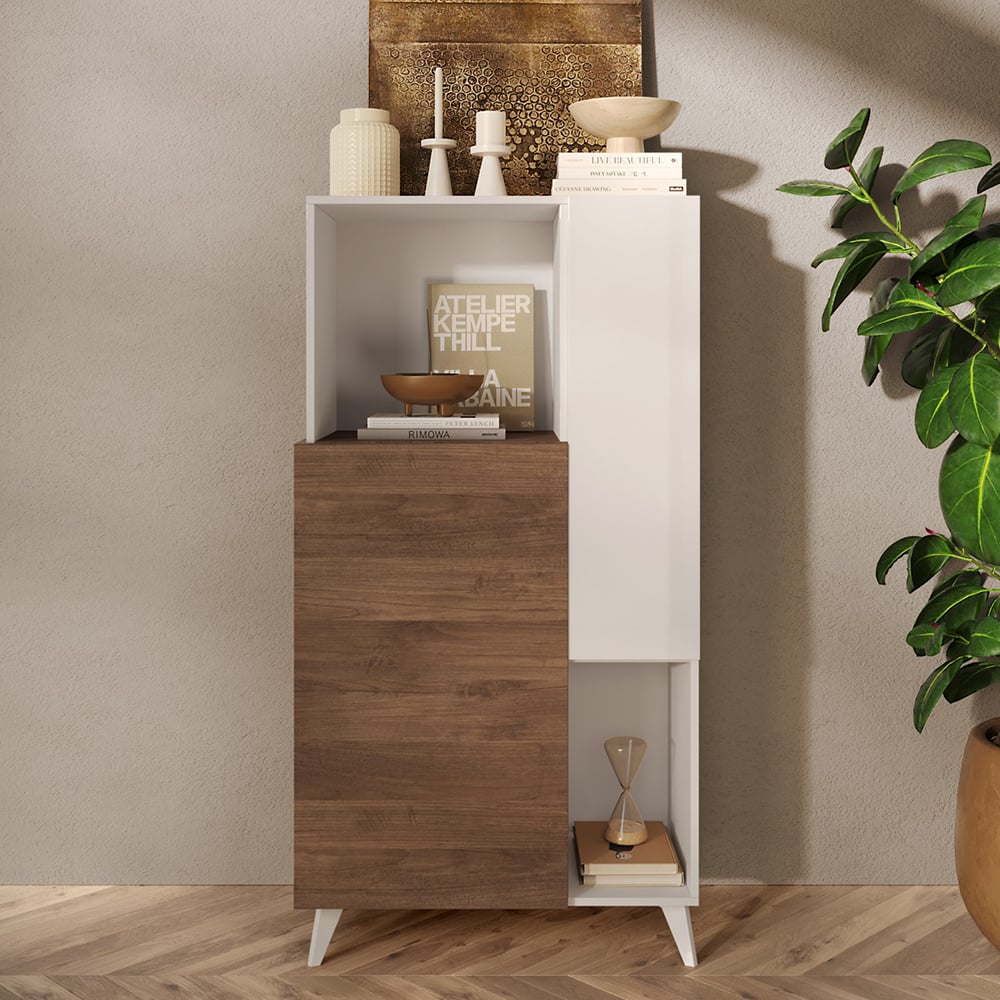 Read more about Milan high gloss highboard with 2 doors in white and mercure oak