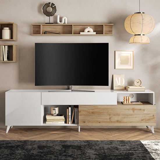 Product photograph of Milan High Gloss Tv Stand Large With 2 Doors In White Cadiz Oak from Furniture in Fashion