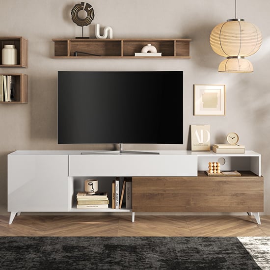 Milan High Gloss TV Stand Large 2 Doors In White Walnut