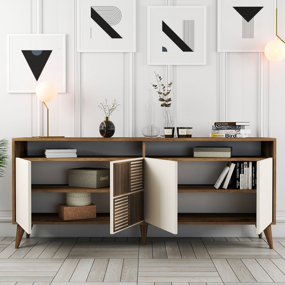 Milan Large Wooden Sideboard with 4 Doors in Walnut and Cream