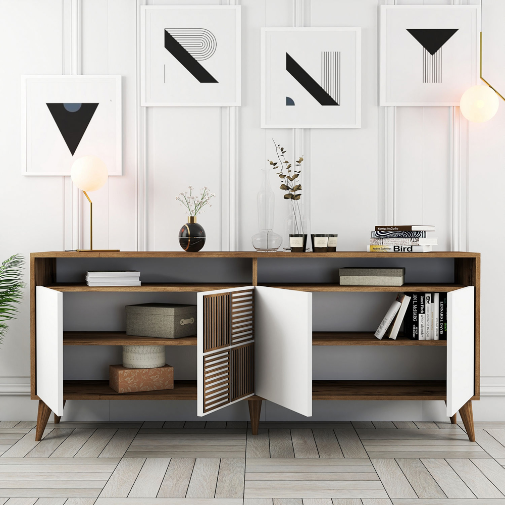Milan Large Wooden Sideboard with 4 Doors in Walnut and White