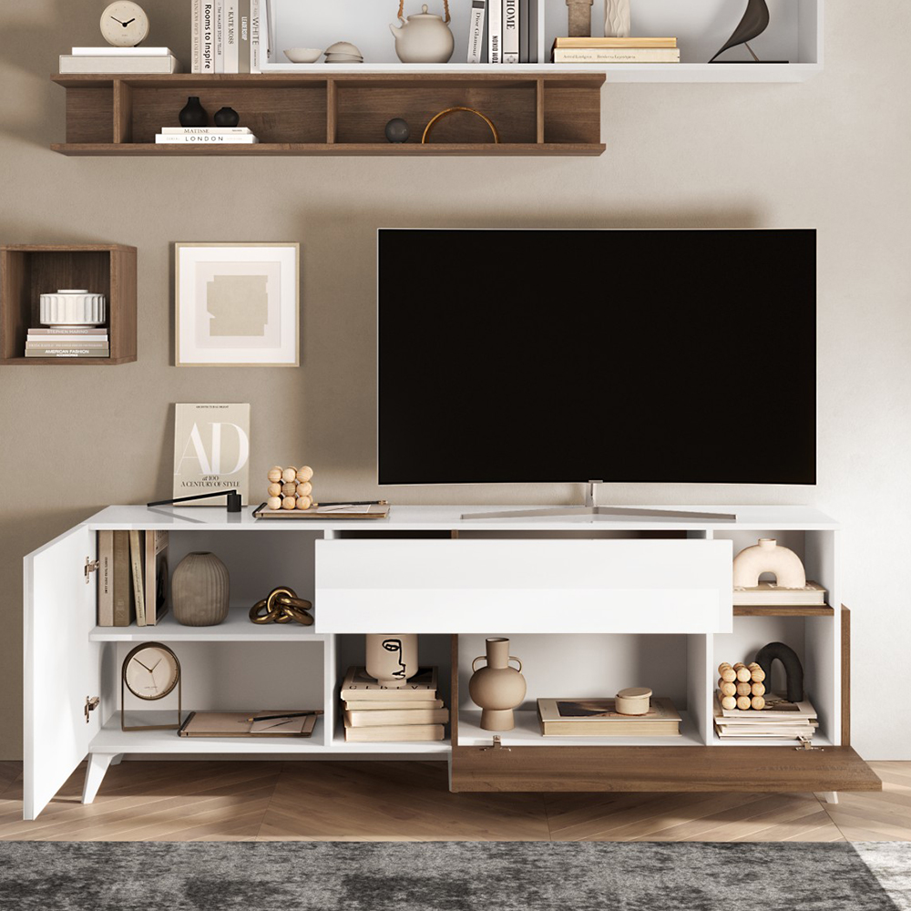 Milan Small High Gloss TV Stand In White And Mercure Oak