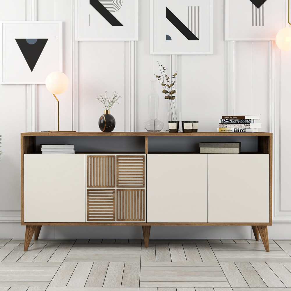 Milan Small Wooden Sideboard with 4 Doors in Walnut and Cream