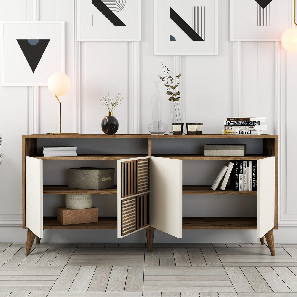 Milan Small Wooden Sideboard with 4 Doors in Walnut and Cream