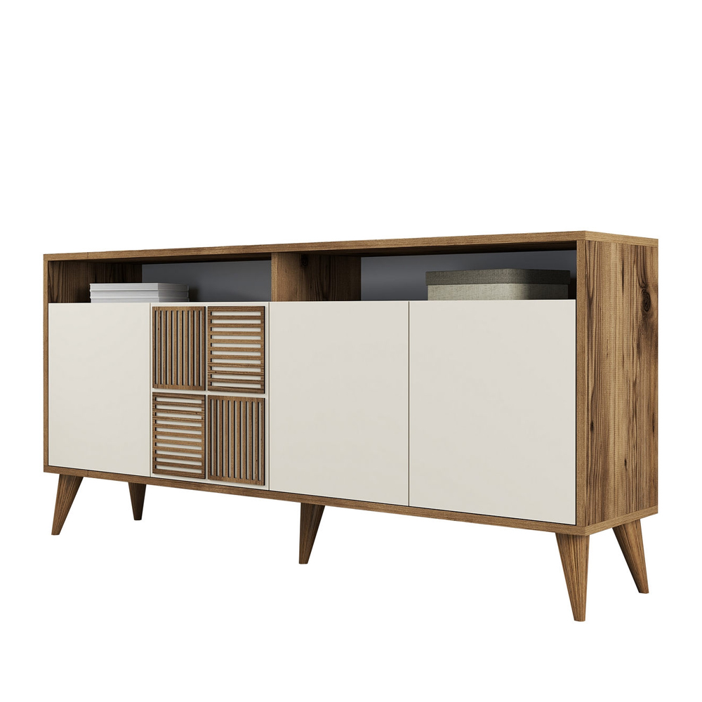Milan Small Wooden Sideboard with 4 Doors in Walnut and Cream