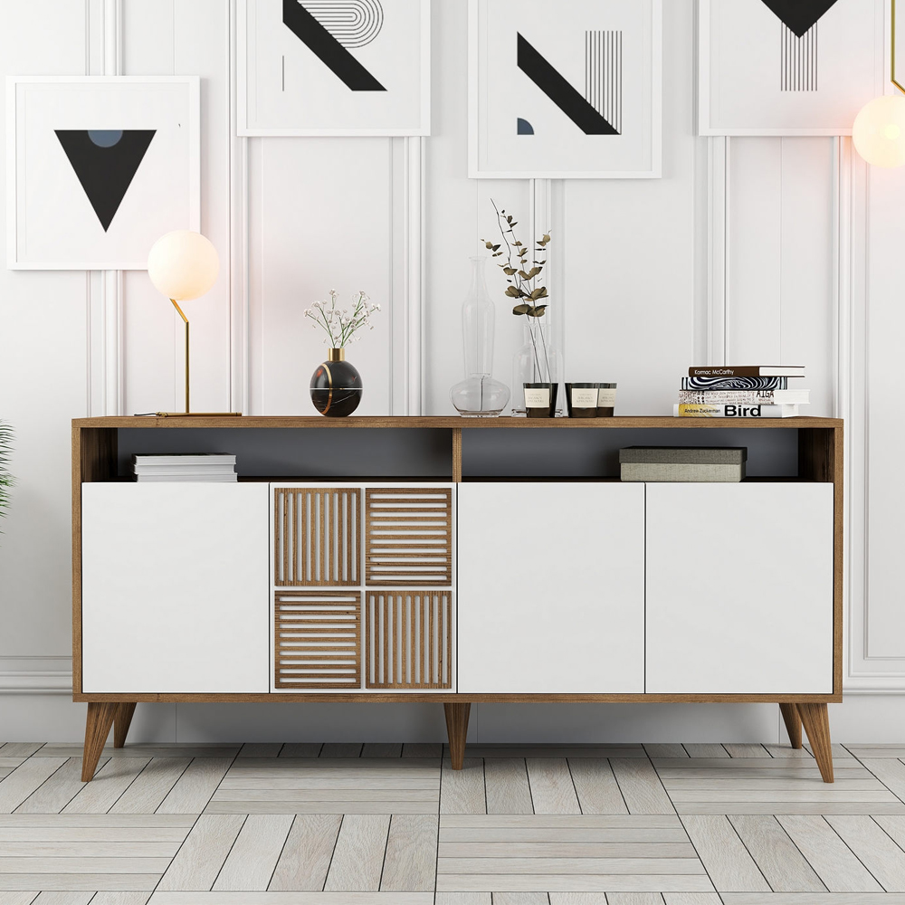 Milan Small Wooden Sideboard with 4 Doors in Walnut and White