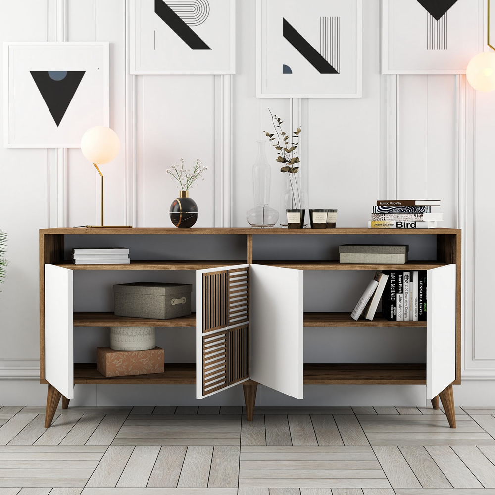 Milan Small Wooden Sideboard with 4 Doors in Walnut and White