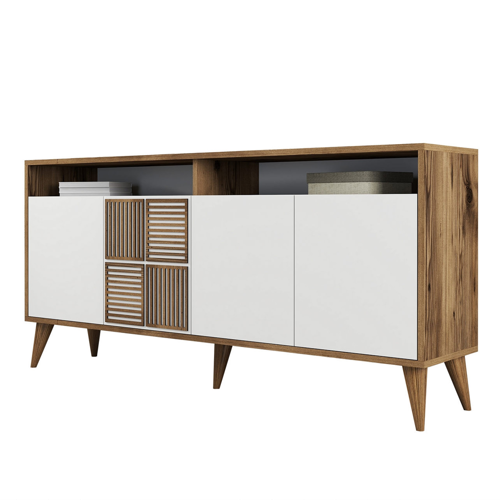 Milan Small Wooden Sideboard with 4 Doors in Walnut and White
