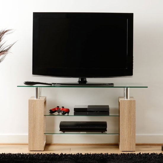 Photo of Medrano tv unit in sonoma oak with clear glass top