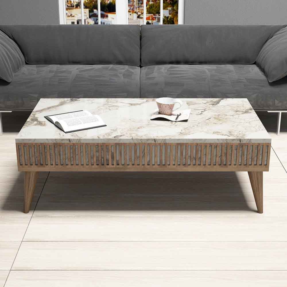 Milan Wooden Coffee Table in White Marble Effect and Walnut