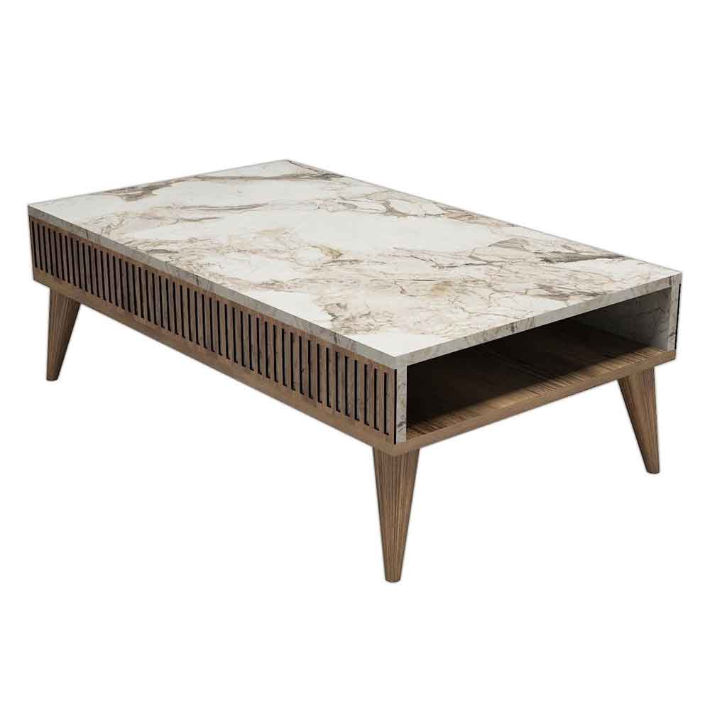 Milan Wooden Coffee Table in White Marble Effect and Walnut