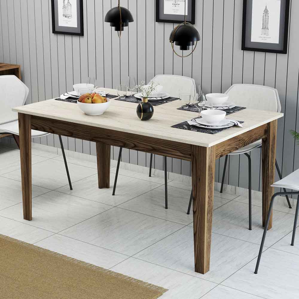 Milan Wooden Dining Table in Walnut and Travertine Marble Effect