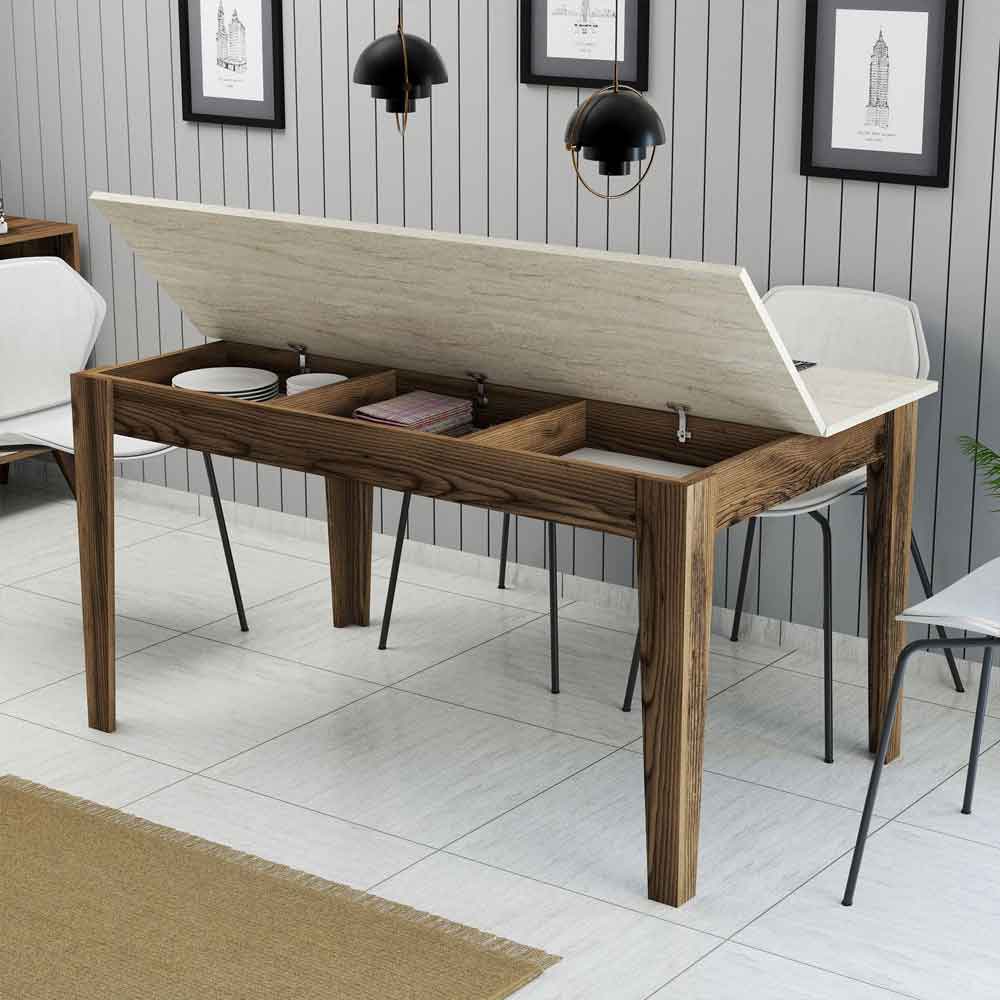 Milan Wooden Dining Table in Walnut and Travertine Marble Effect