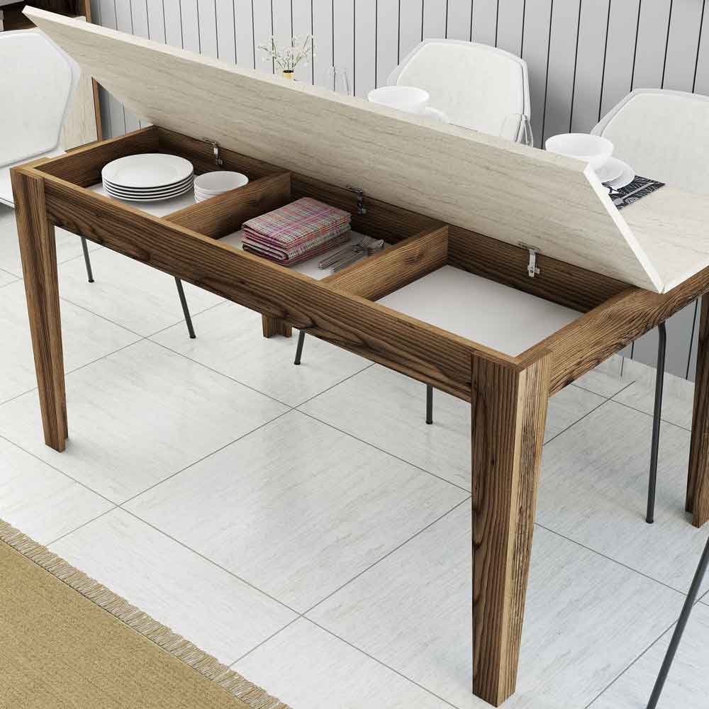 Milan Wooden Dining Table in Walnut and Travertine Marble Effect