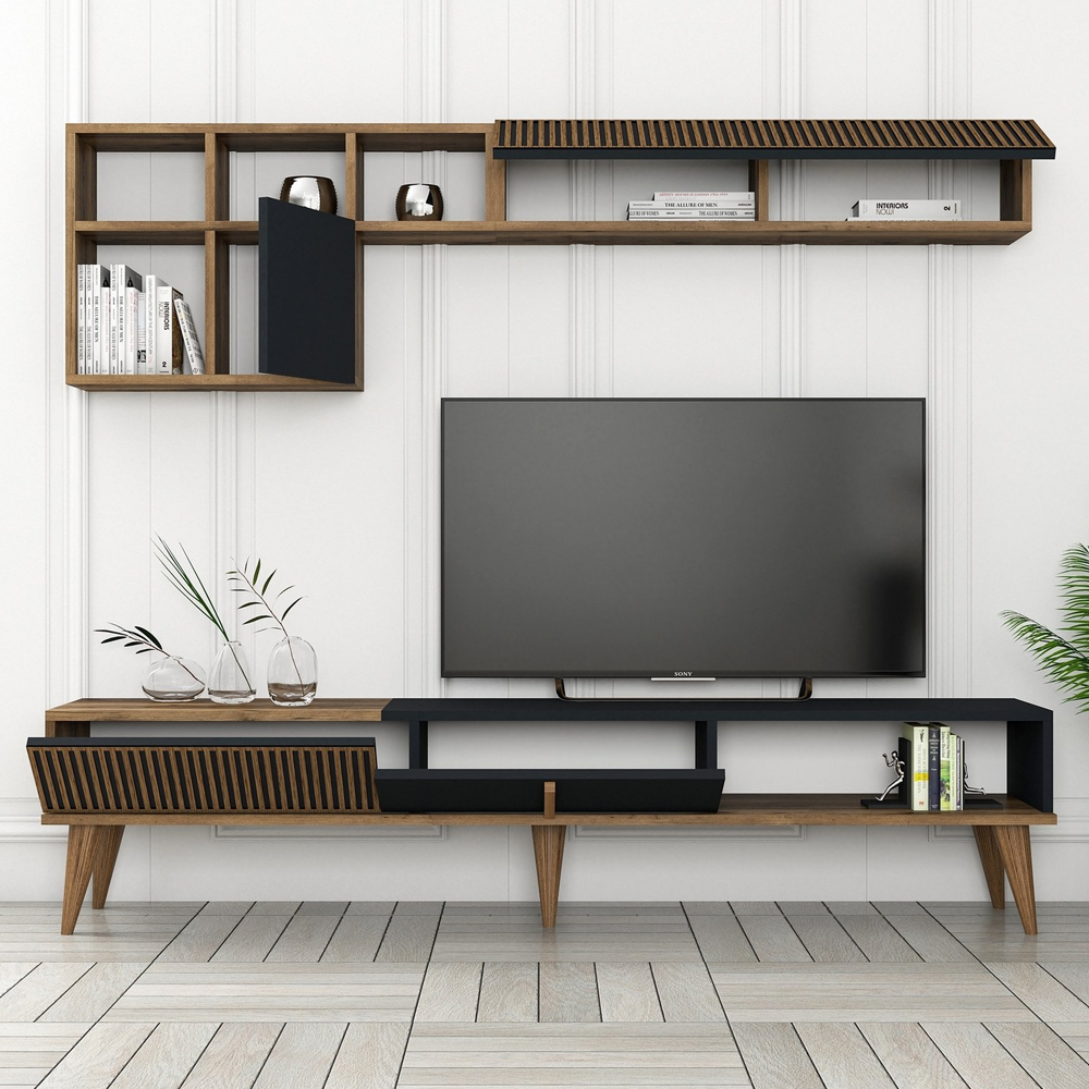 Milan Wooden Entertainment Unit with Coffee Table Set in Anthracite and Walnut