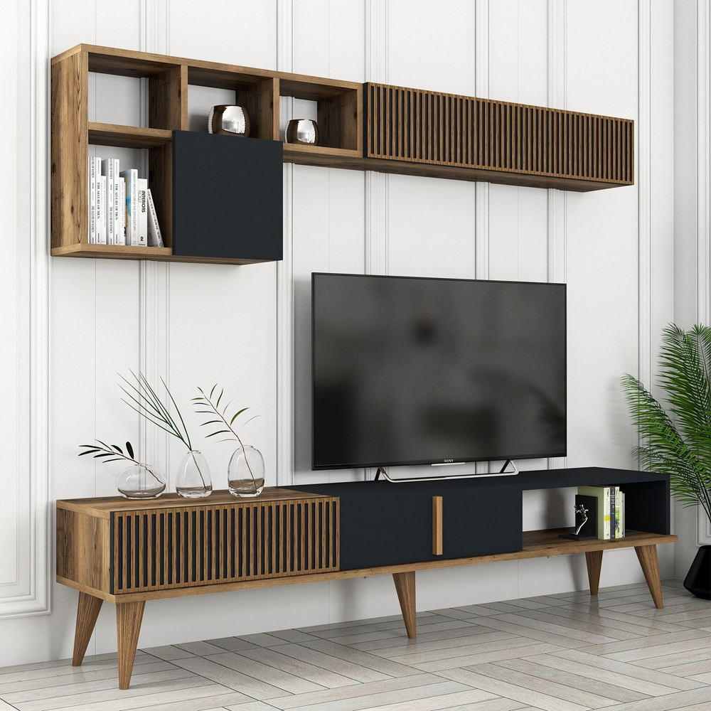 Milan Wooden Entertainment Unit with Coffee Table Set in Anthracite and Walnut