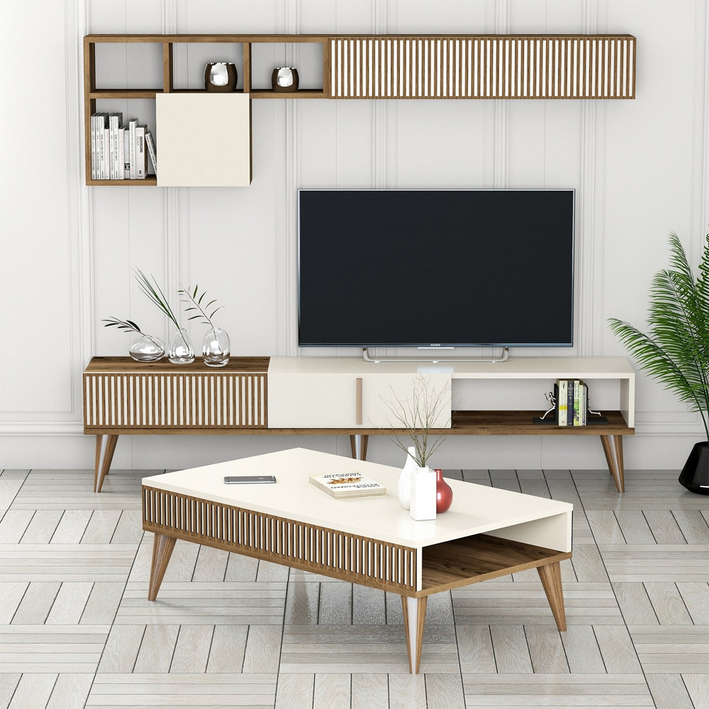 Milan Wooden Entertainment Unit with Coffee Table Set in Cream and Walnut
