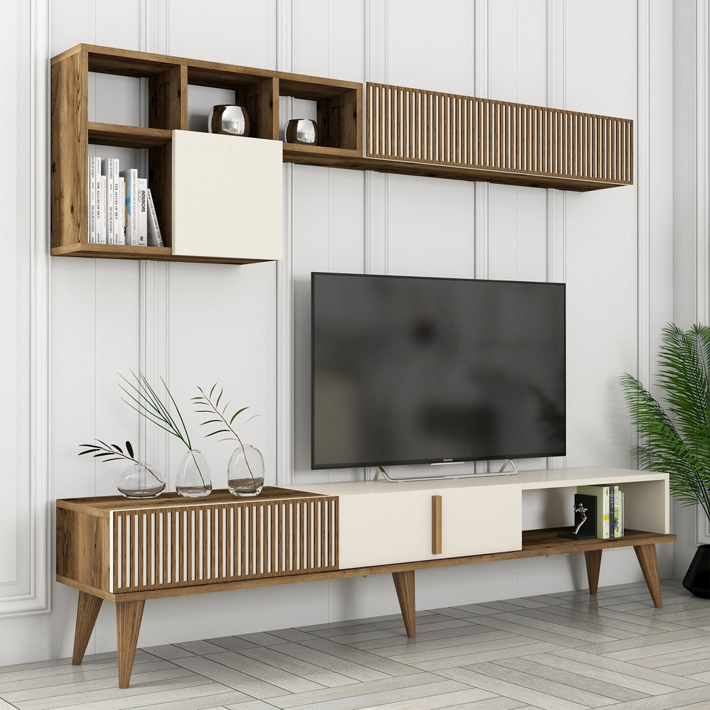Milan Wooden Entertainment Unit with Coffee Table Set in Cream and Walnut