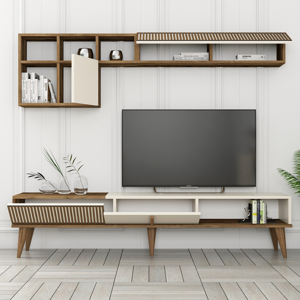 Milan Wooden Entertainment Unit with Coffee Table Set in Cream and Walnut