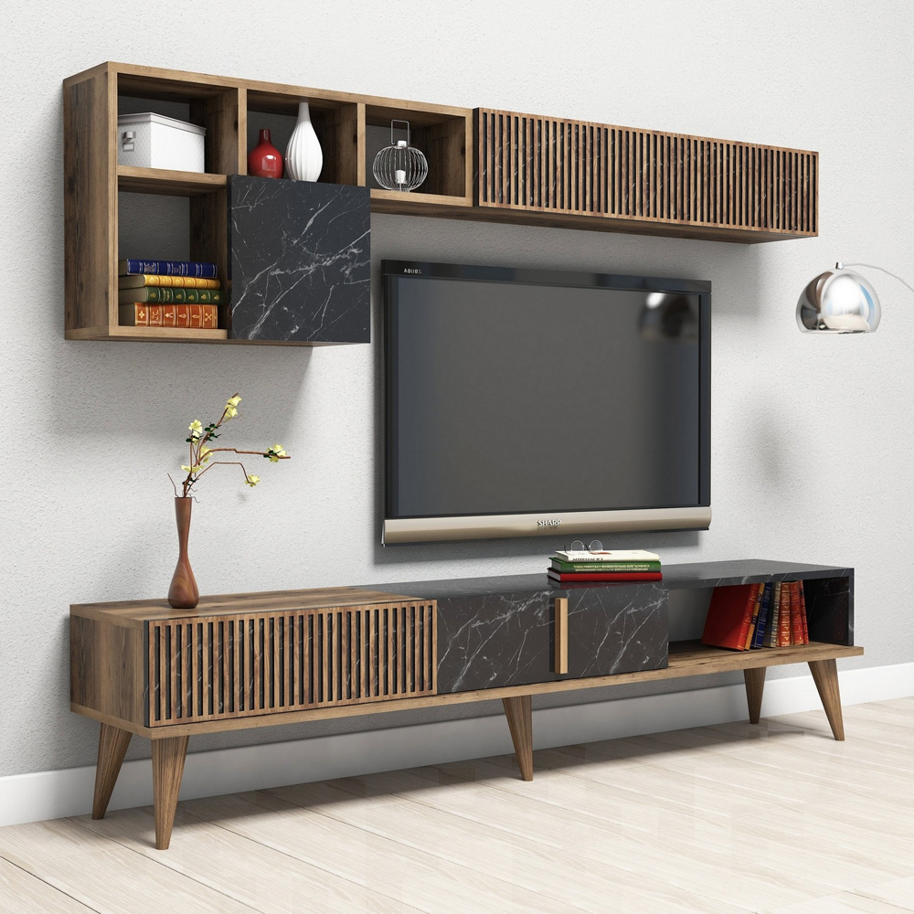 Milan Wooden Entertainment Unit with Coffee Table Set in Walnut and Black