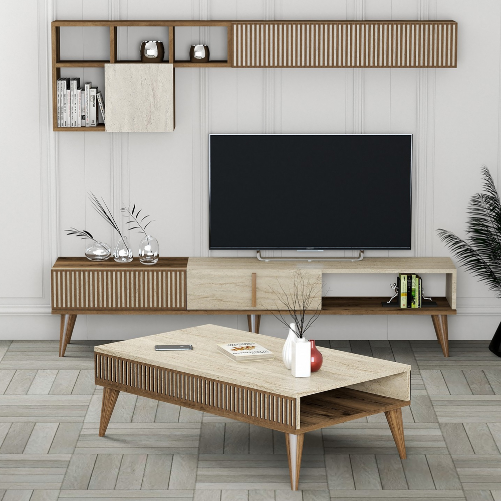 Milan Wooden Entertainment Unit with Coffee Table Set in Walnut and Travertine Marble Effect