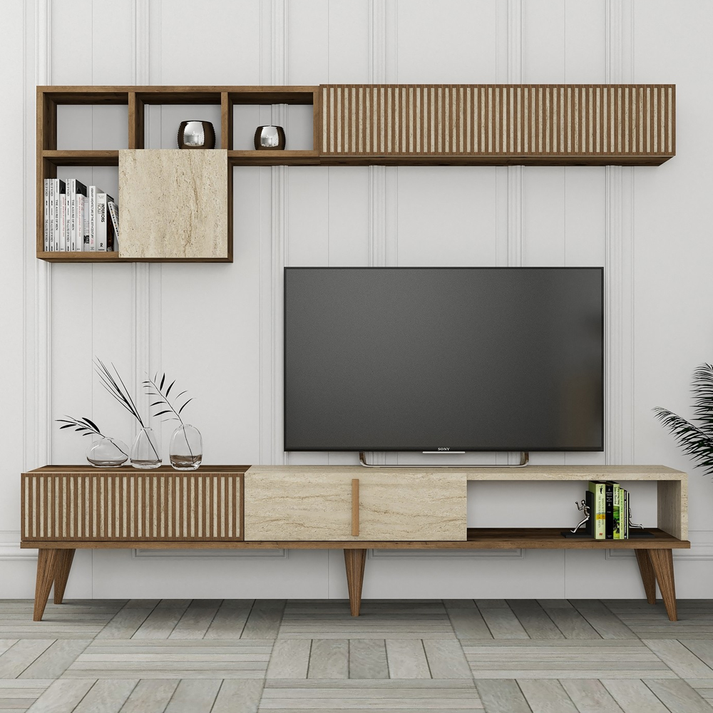 Milan Wooden Entertainment Unit with Coffee Table Set in Walnut and Travertine Marble Effect