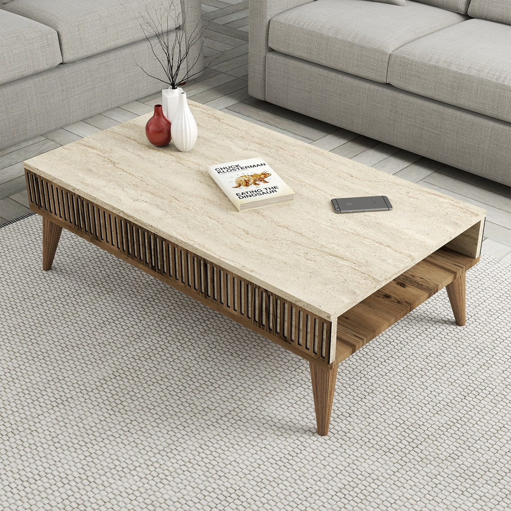 Milan Wooden Entertainment Unit with Coffee Table Set in Walnut and Travertine Marble Effect