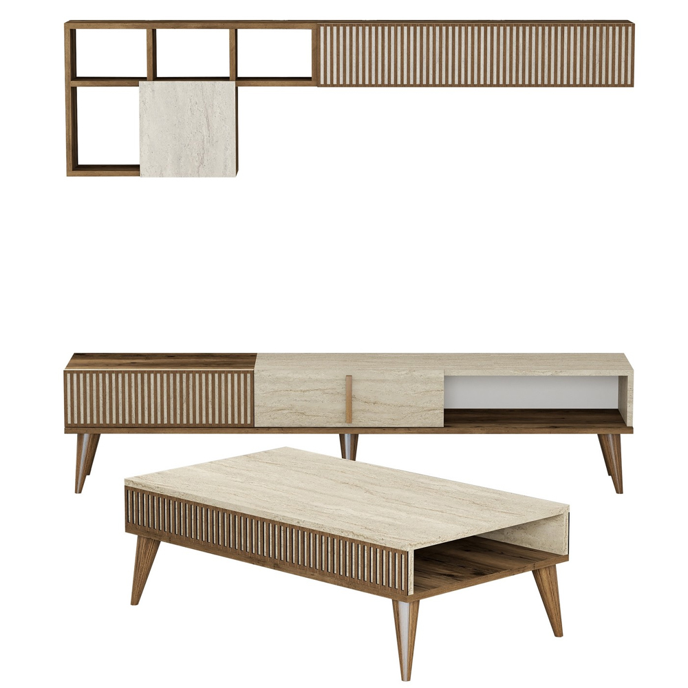 Milan Wooden Entertainment Unit with Coffee Table Set in Walnut and Travertine Marble Effect