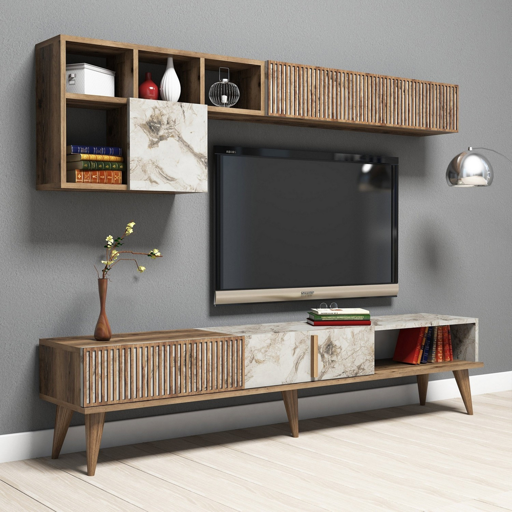 Milan Wooden Entertainment Unit with Coffee Table Set in Walnut and White Marble Effect