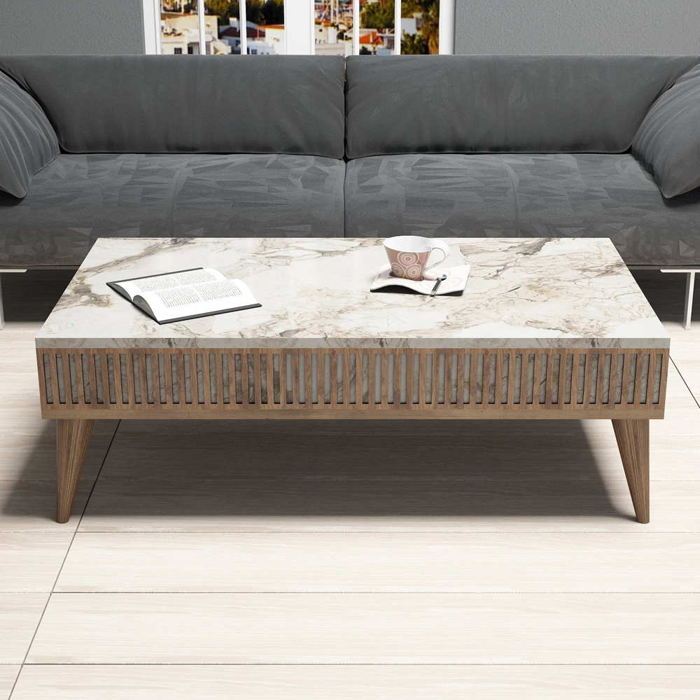 Milan Wooden Entertainment Unit with Coffee Table Set in Walnut and White Marble Effect