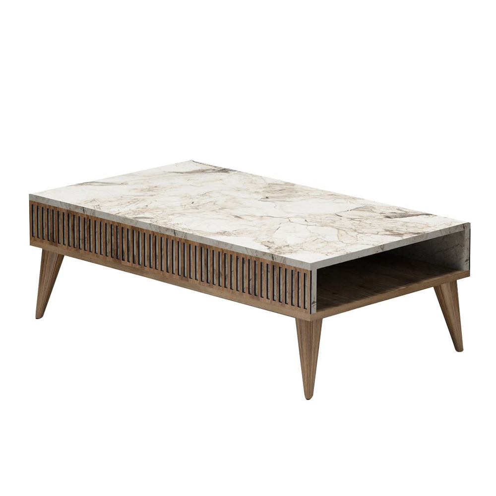 Milan Wooden Entertainment Unit with Coffee Table Set in Walnut and White Marble Effect
