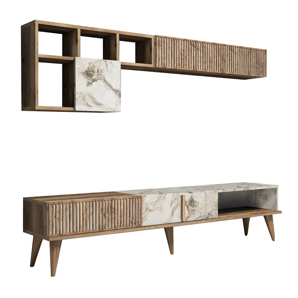 Milan Wooden Entertainment Unit with Coffee Table Set in Walnut and White Marble Effect